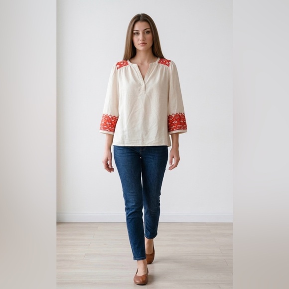 Knox Rose Ivory Tunic Blouse with Red Embroidery - Picture 2 of 5